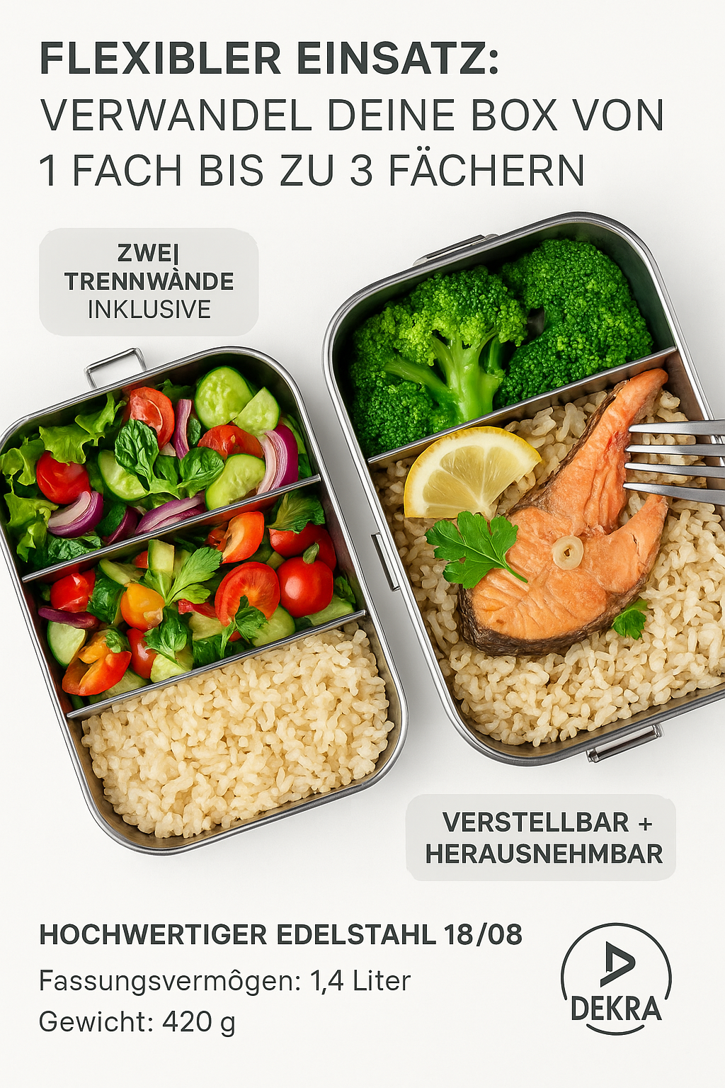Premium Edelstahl Brotdose 1400 ml mit 3 Fächern Auslaufsicher. Nachhaltig. Alltagstauglich.