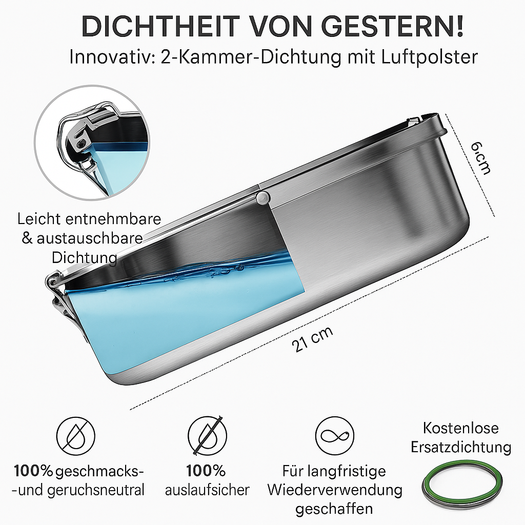 Premium Edelstahl Brotdose 1400 ml mit 3 Fächern Auslaufsicher. Nachhaltig. Alltagstauglich.