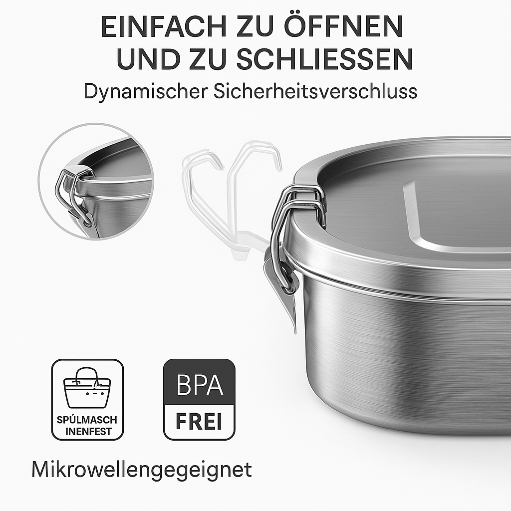Premium Edelstahl Brotdose 1400 ml mit 3 Fächern Auslaufsicher. Nachhaltig. Alltagstauglich.