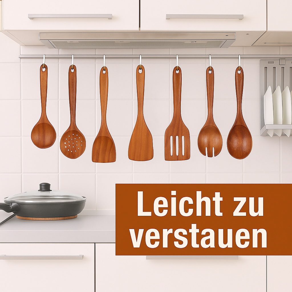Teakholz Kochbesteck-Set mit Halter
