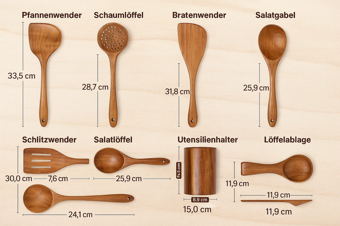 Teakholz Kochbesteck-Set mit Halter