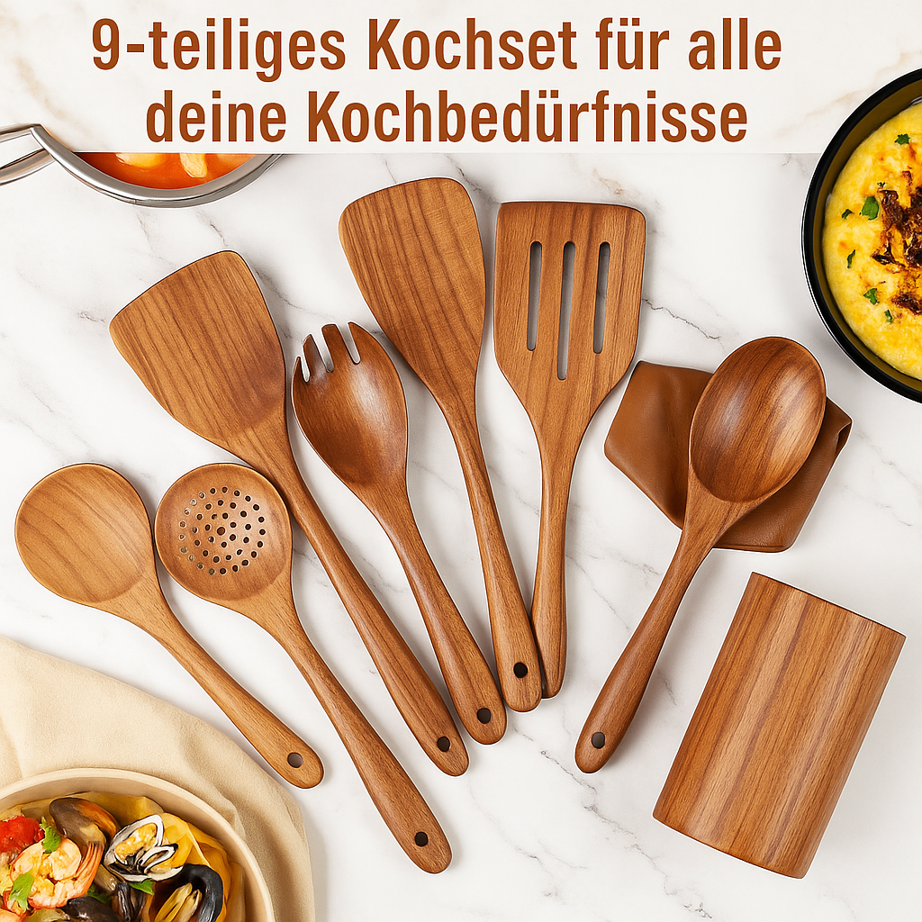 Teakholz Kochbesteck-Set mit Halter
