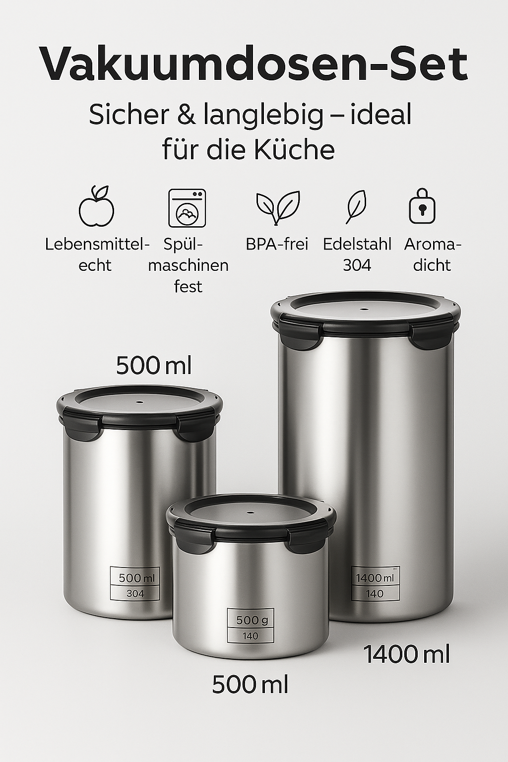 Edelstahl Vorratsdosen Set mit Deckel – 500ml, 900ml & 1400ml luftdicht, stapelbar & langlebig