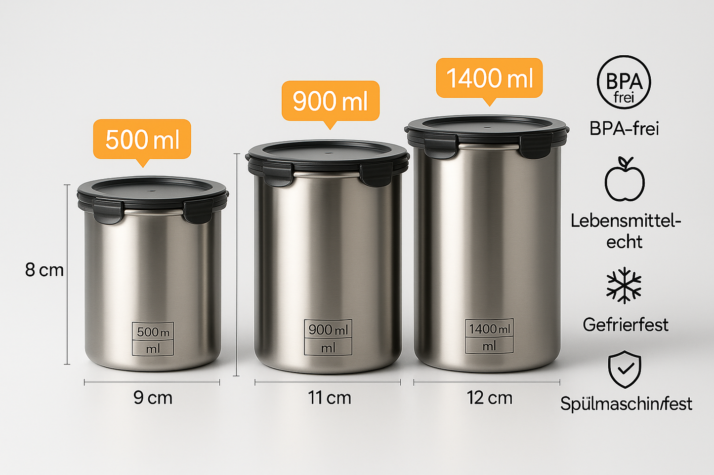 Edelstahl Vorratsdosen Set mit Deckel – 500ml, 900ml & 1400ml luftdicht, stapelbar & langlebig