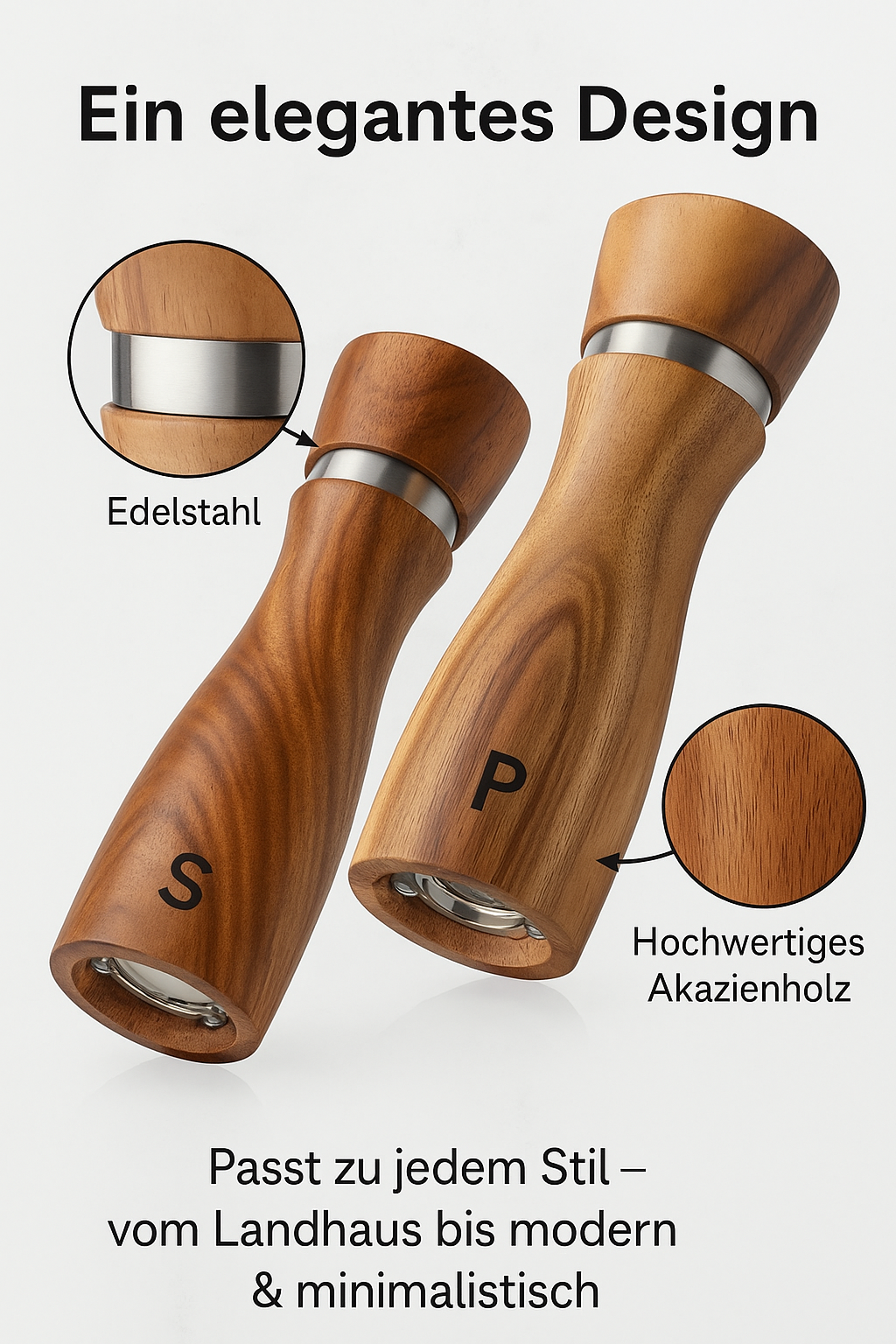 Salz- & Pfeffermühlen-Set aus Akazienholz mit Keramikmahlwerk