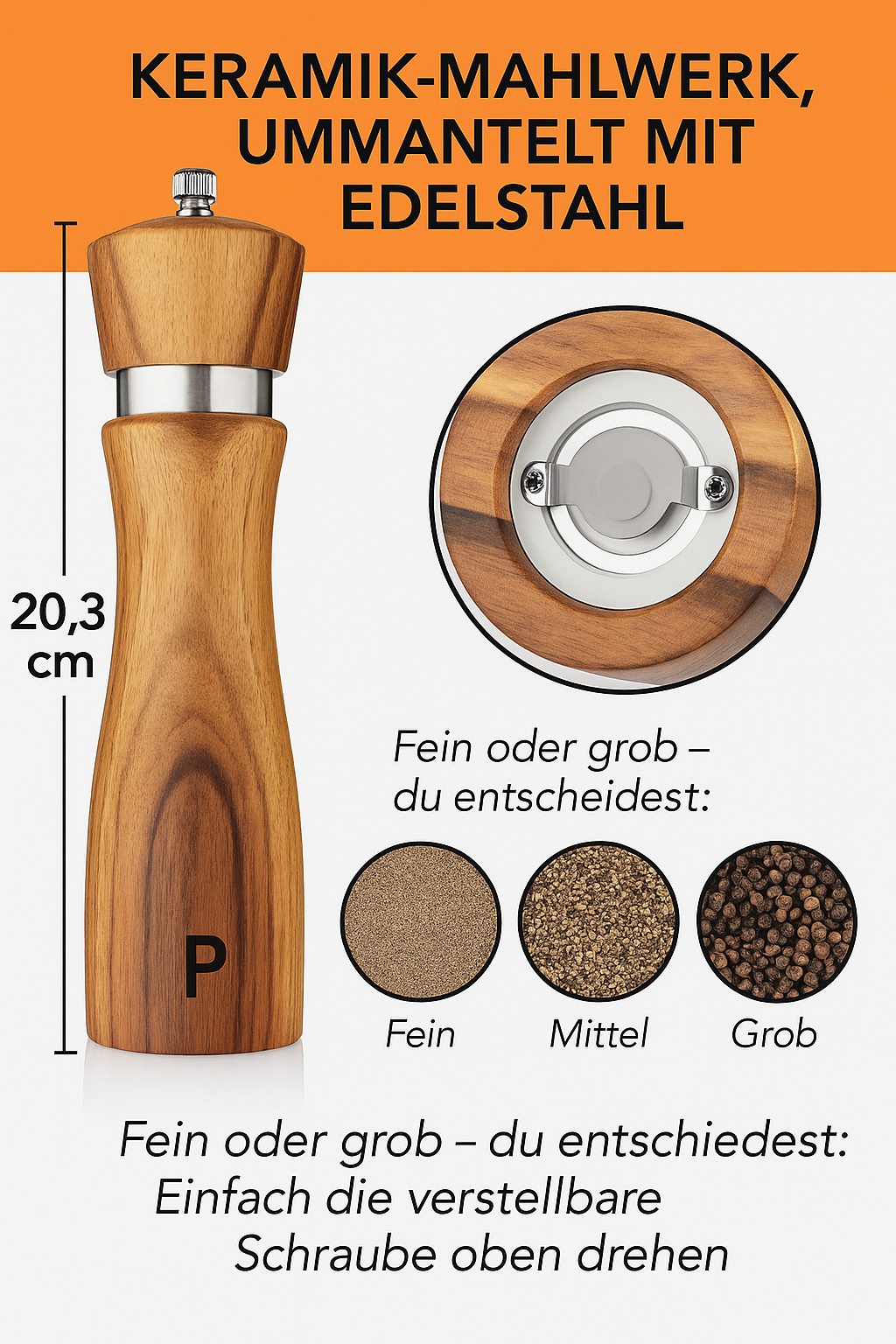 Salz- & Pfeffermühlen-Set aus Akazienholz mit Keramikmahlwerk
