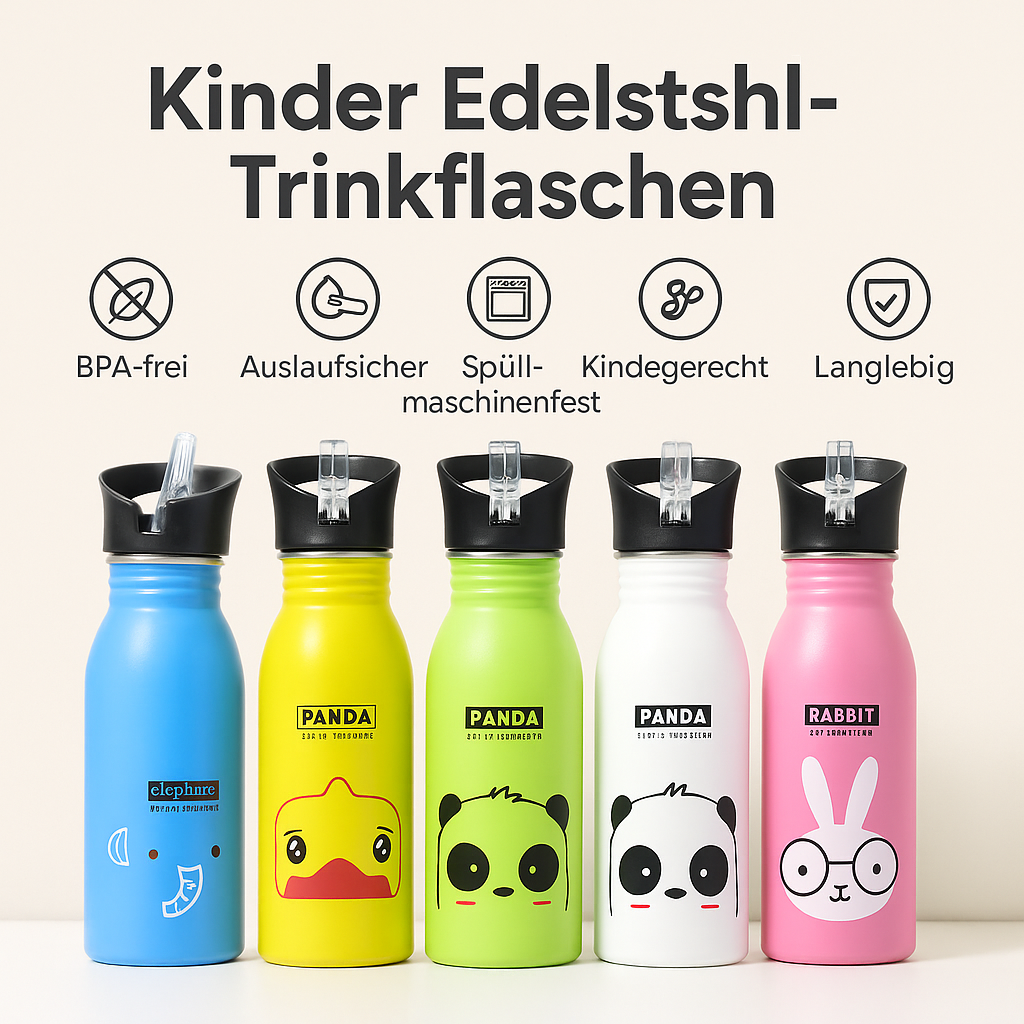 Merto Beno Trinkflasche Kinder Edelstahl 500ml mit Strohhalm
